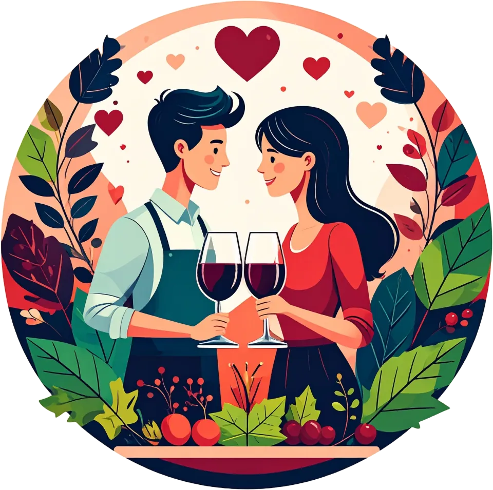 Illustration of two people raising their glasses of red wine, surrounded by leaves, berries and hearts